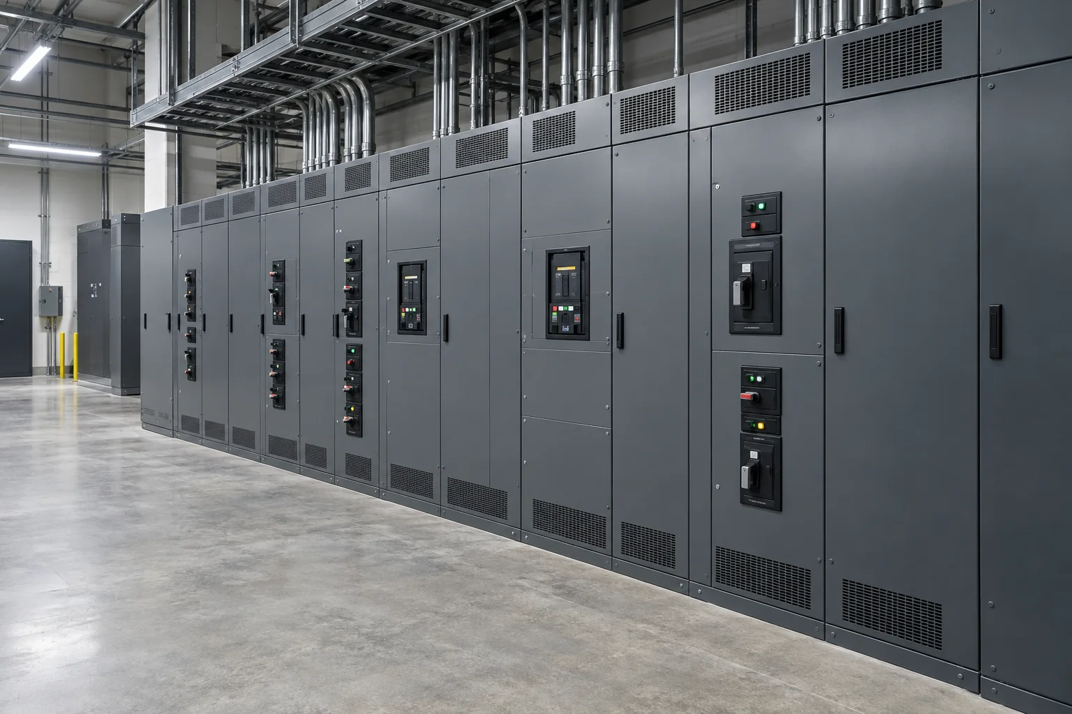 Illustration conceptuelle d’armoires électriques fermées dans une salle de distribution d’un centre de données