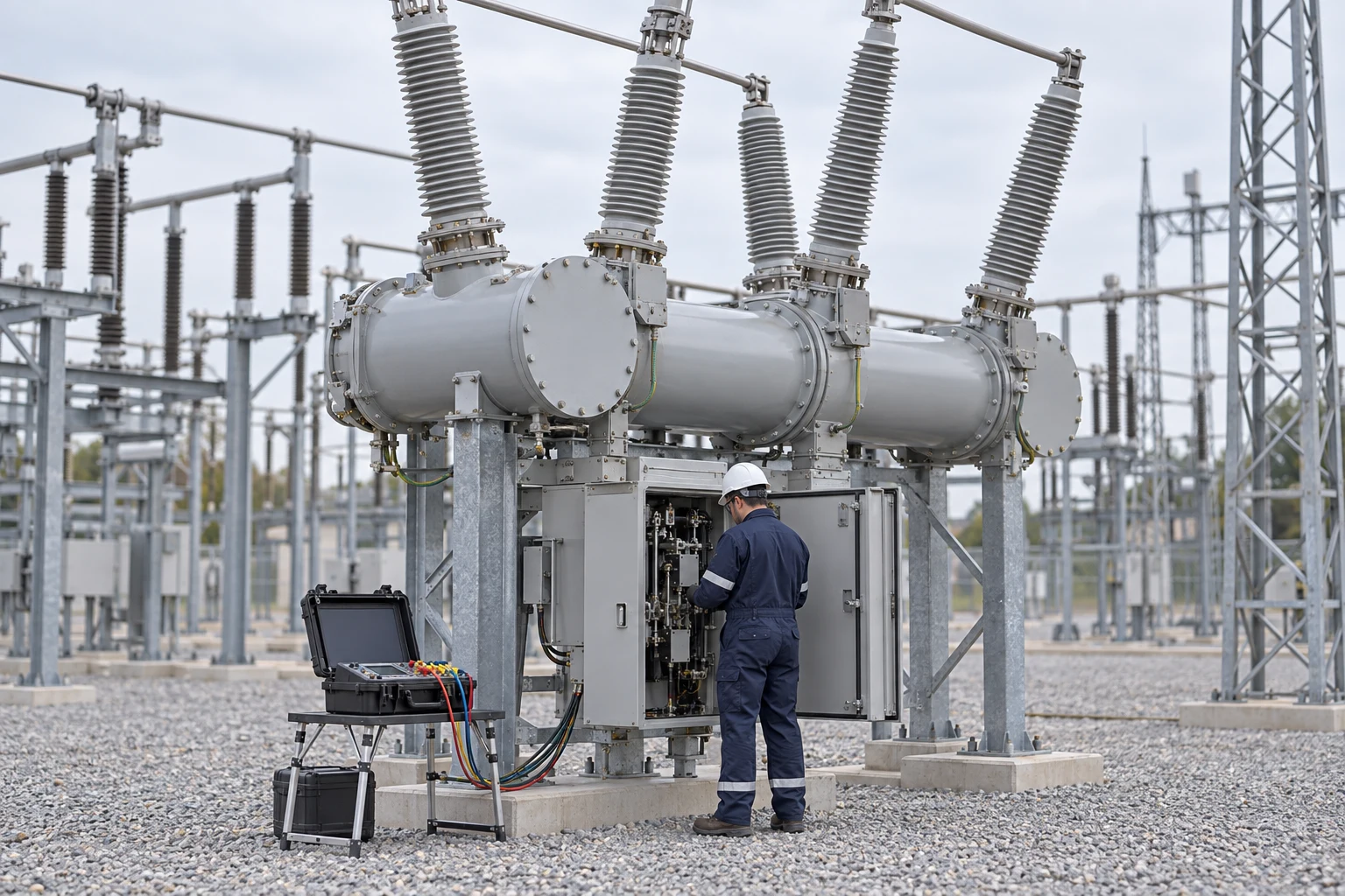 Illustration conceptuelle d’un technicien inspectant un disjoncteur haute tension dans un poste électrique, avec un appareil d’essais à proximité.