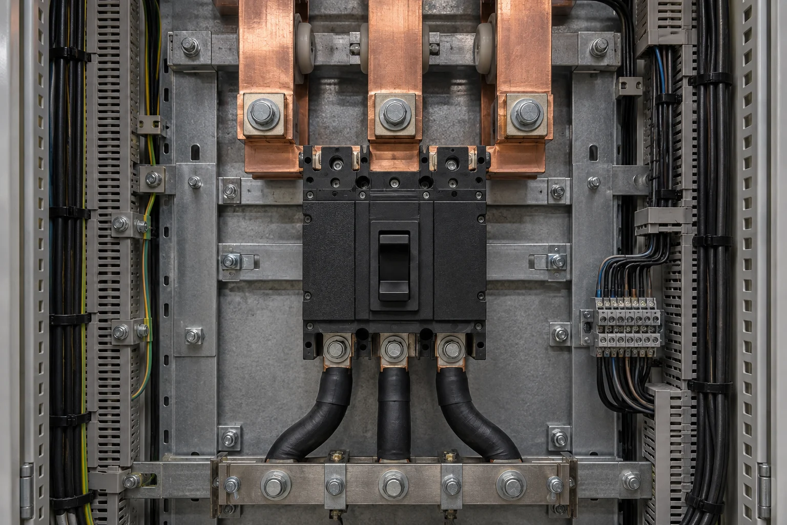 Illustration d’une armoire électrique : trois barres de cuivre, un disjoncteur, des câbles de puissance et un bornier auxiliaire.